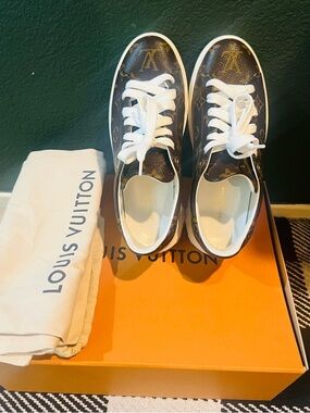Louis Vuitton Brown Monogram womens Low-Top Sneakers with White Laces.